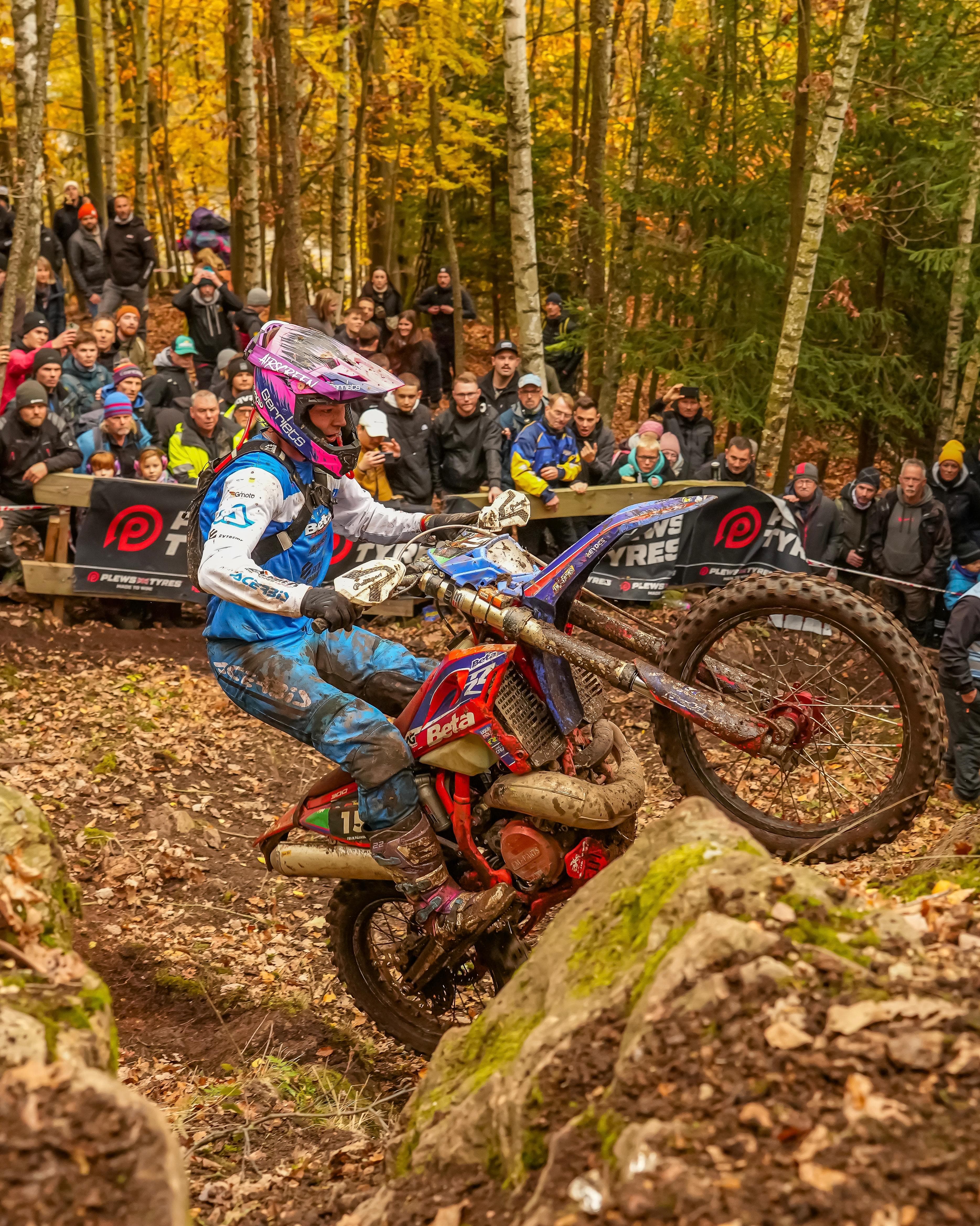 Enduro-Fahrer auf einem Beta-Motorrad erklimmt einen felsigen Hang vor Zuschauern in einem herbstlichen Wald.